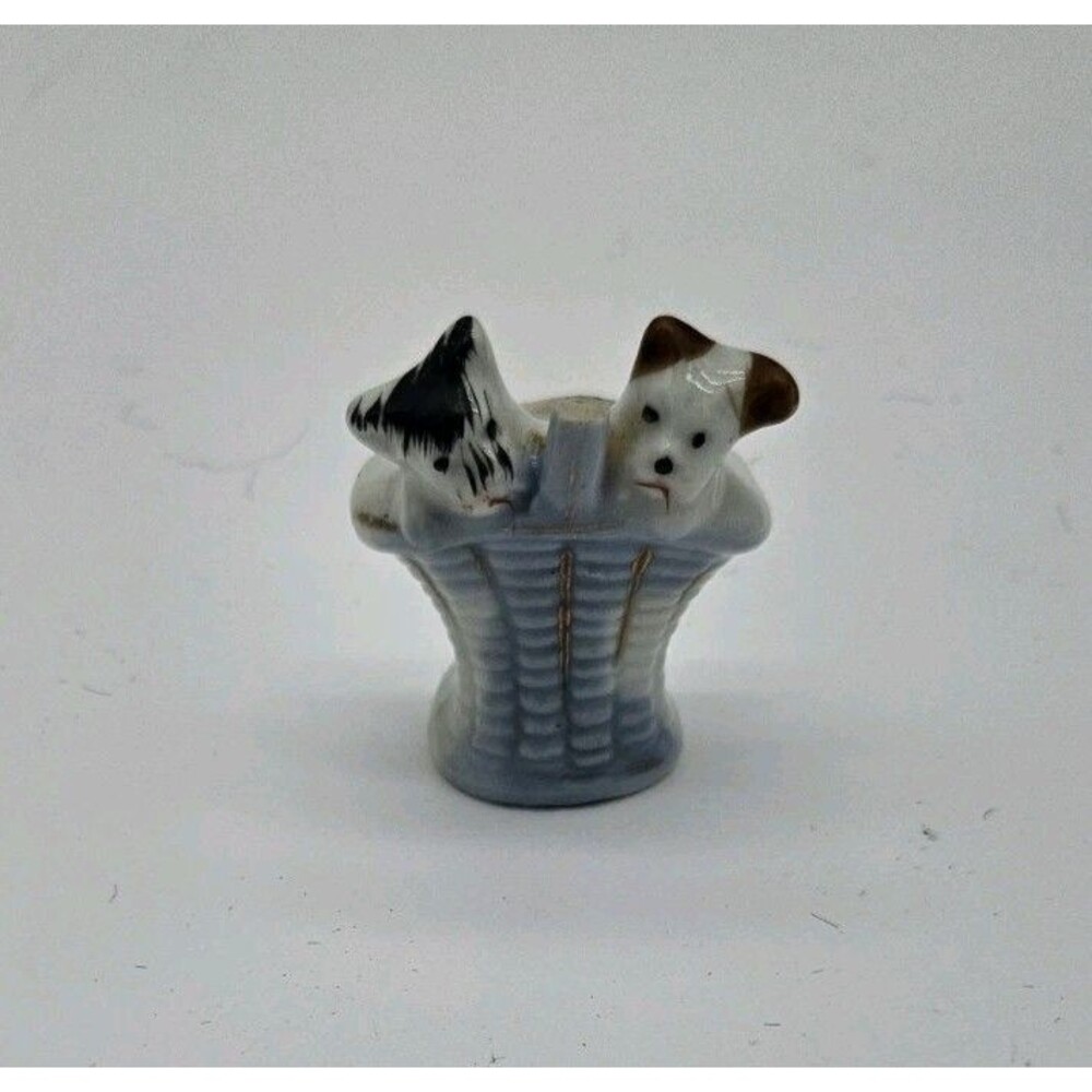 Dog Figurine Woven Basket Porcelain Hand Painted Tiny Wal Pocket Japan 2.5"